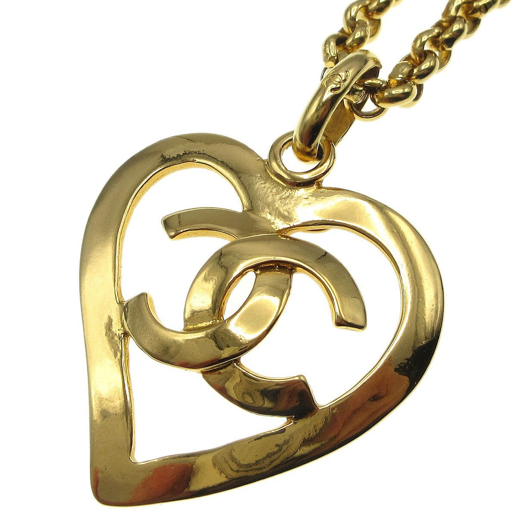 Chanel Cc Heart Pendant Necklace Metal Gold Gold_Plated Necklace Jewelry