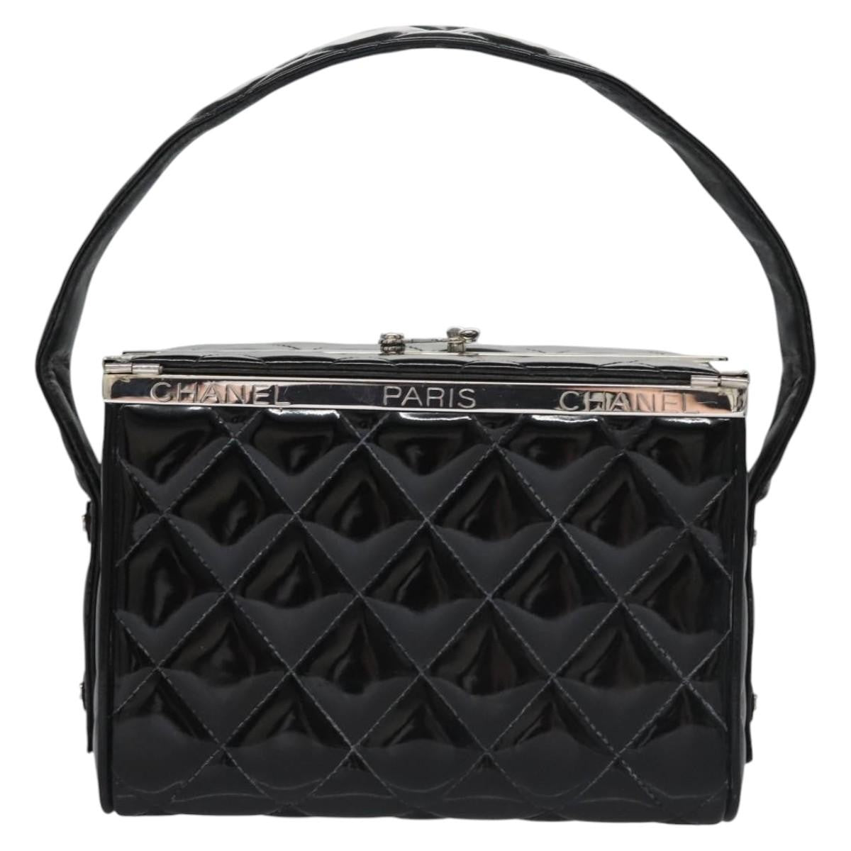 Chanel Vintage Metal Box Bag Quilted Patent Black Patent_Leather Handbag