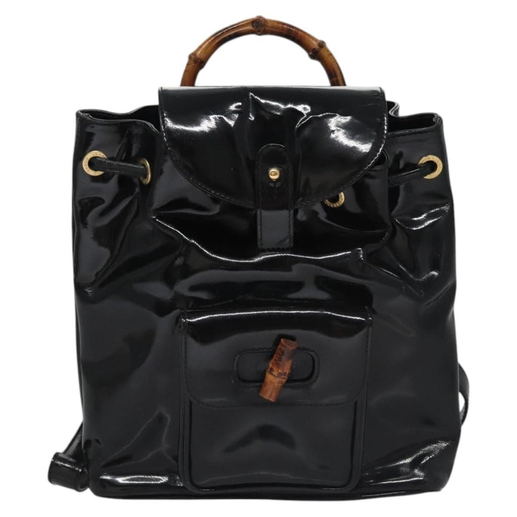 Gucci Vintage Bamboo Backpack Patent Black Patent_Leather Backpack Bag (Pre-Owned)