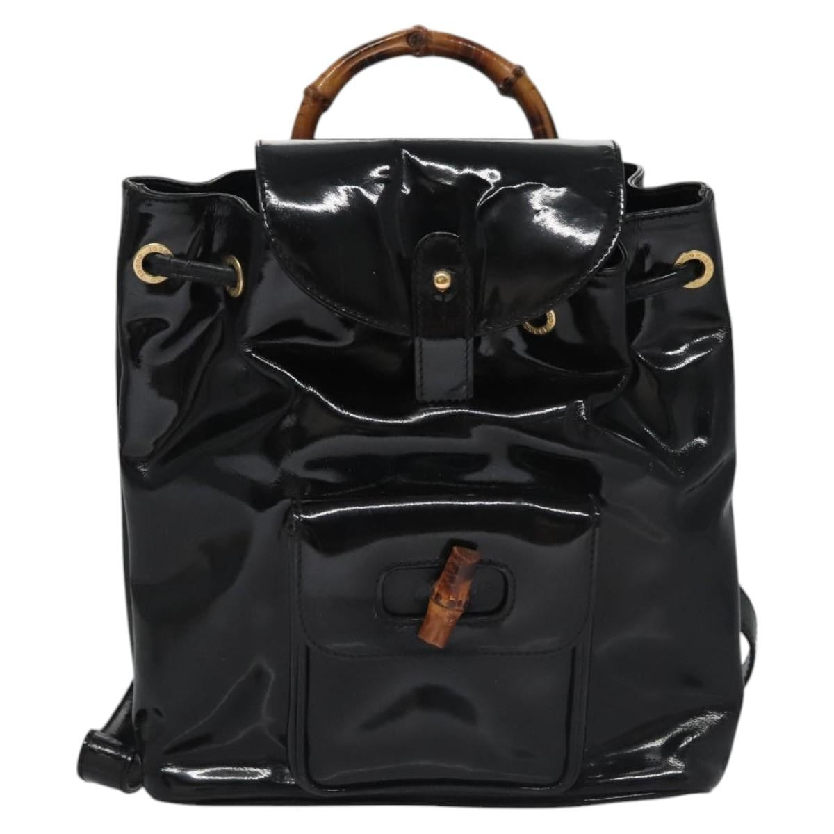 Gucci Vintage Bamboo Backpack Patent Black Patent_Leather Backpack Bag (Pre-Owned)