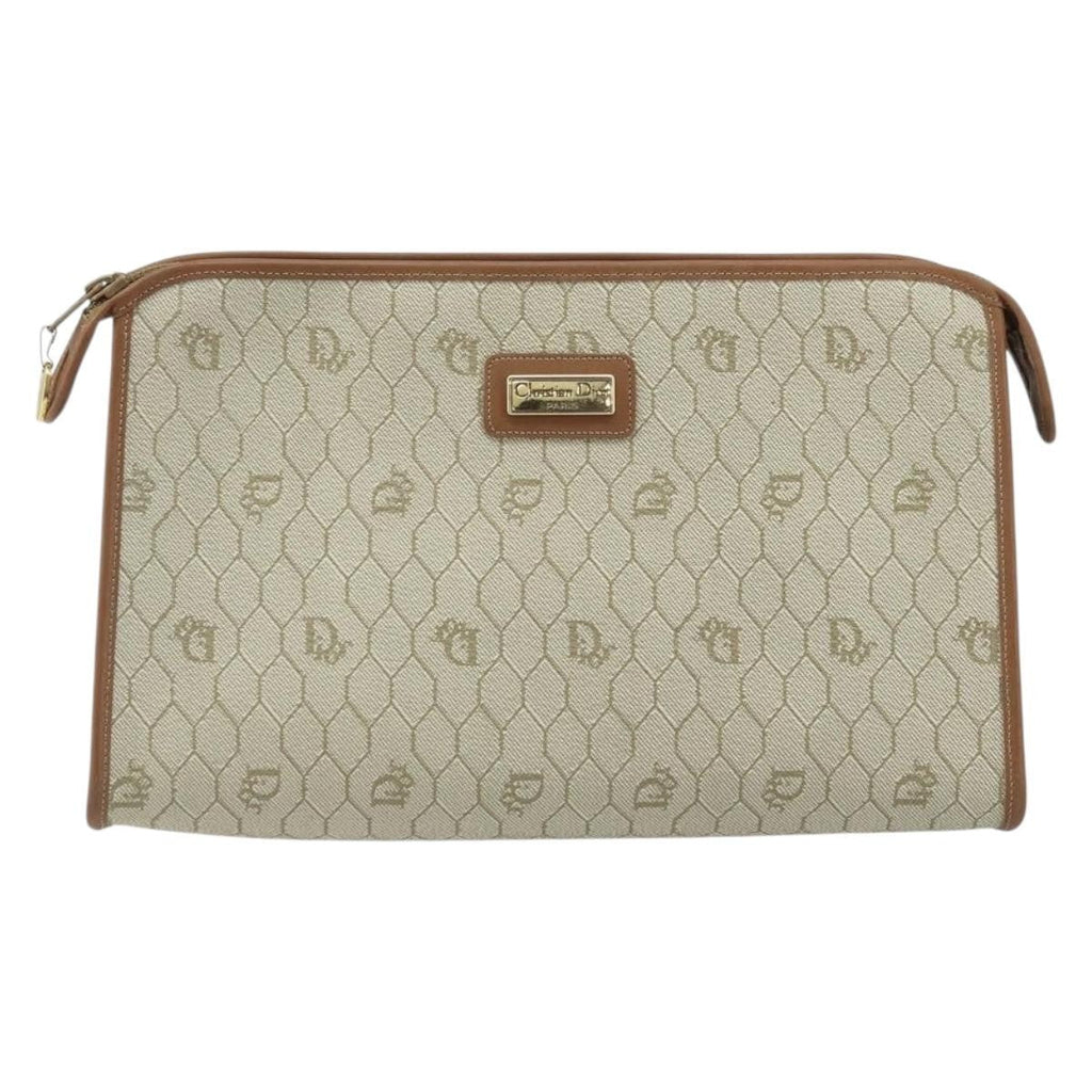 Christian Dior Vintage Honeycomb Zip Pouch Canvas And Leather Beige Canvas Clutche & Pouche Bag (Pre-Owned)