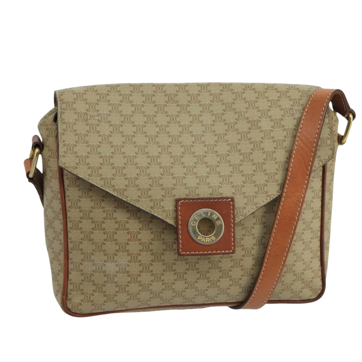 Celine Vintage Macadam Circle Logo Shoulder Bag Canvas And Leather Beige Canvas Shoulder Bag Bag