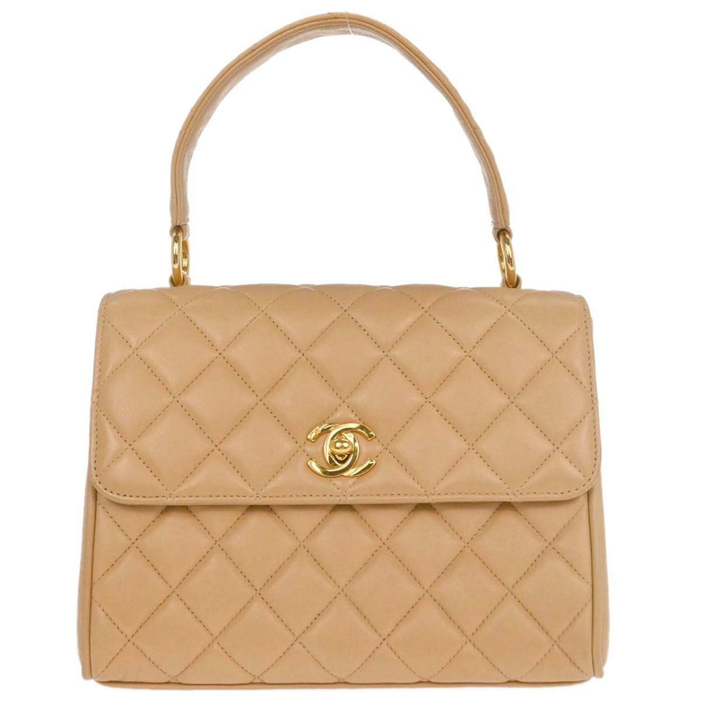 Chanel Vintage Top Handle Flap Bag Quilted Lambskin Beige Leather Handbag