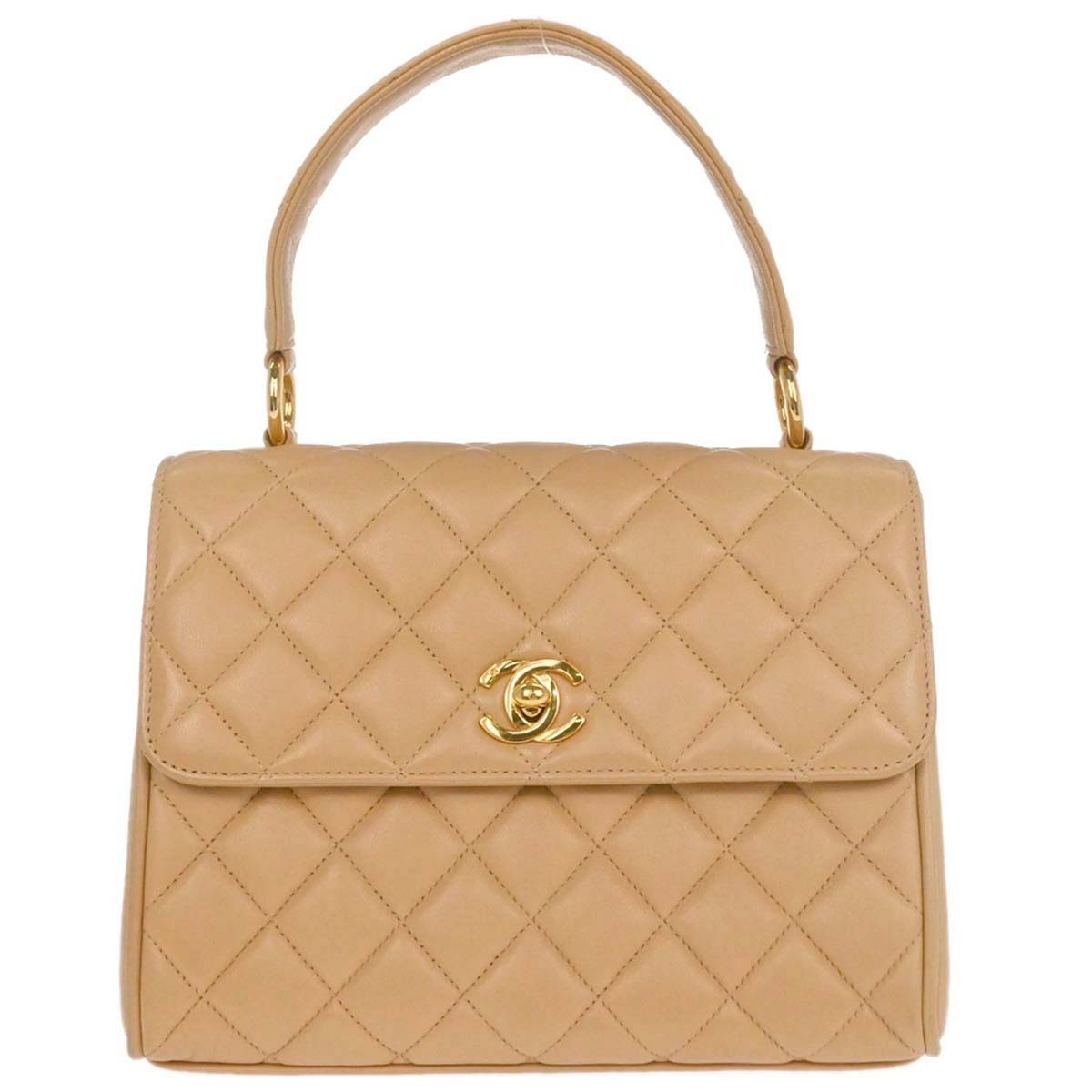Chanel Vintage Top Handle Flap Bag Quilted Lambskin Beige Leather Handbag