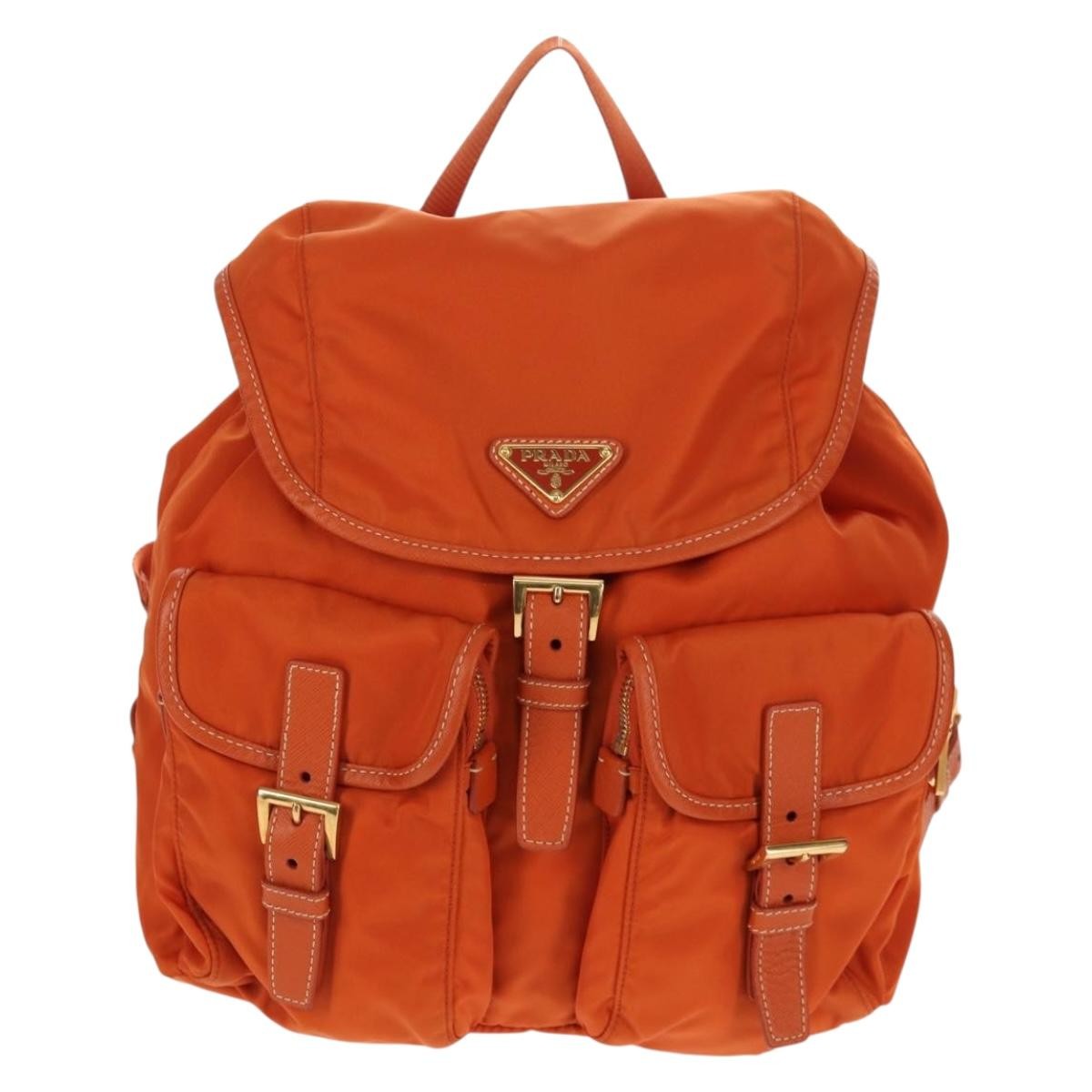 Prada Vela Double Front Pocket Backpack Tessuto With Saffiano Leather Orange Nylon Backpack Bag