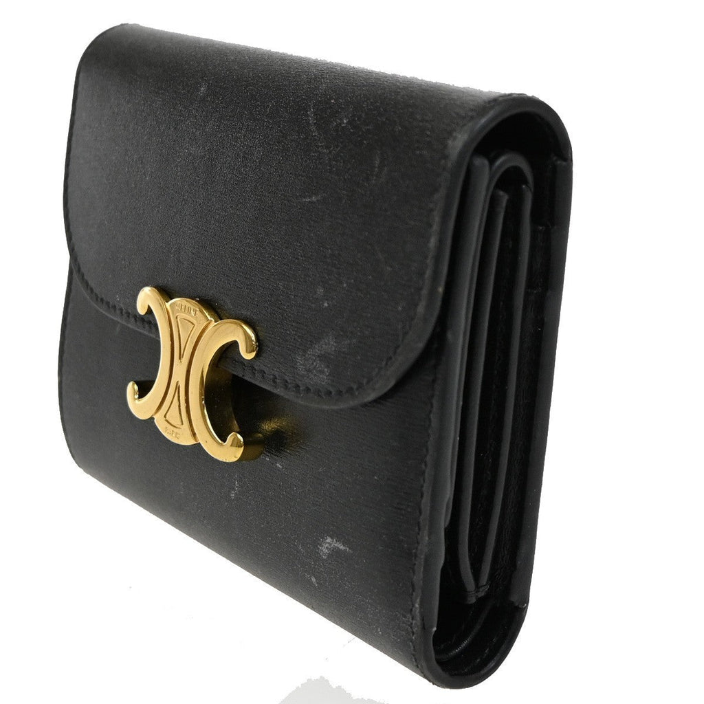 Celine Triomphe Trifold Wallet Leather Black Leather Wallets Accessory