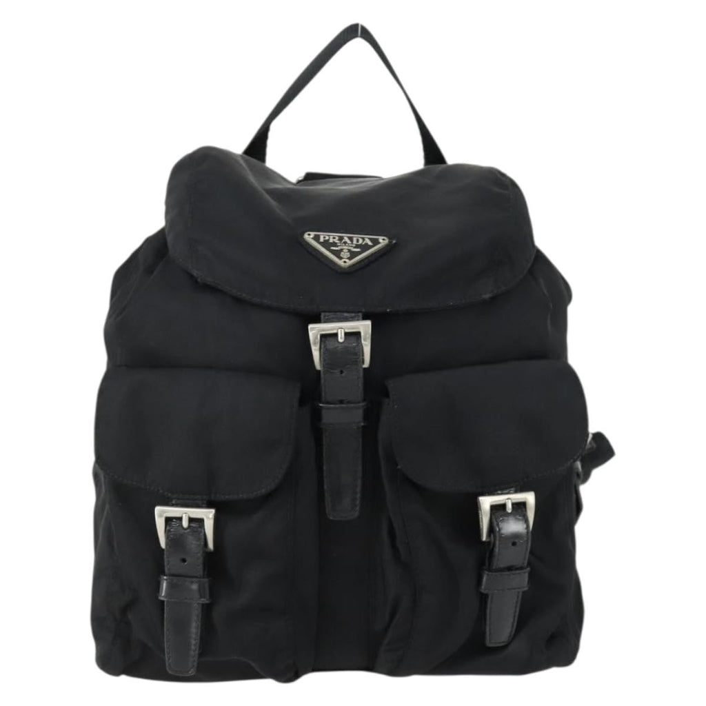 Prada Vela Double Front Pocket Backpack Tessuto With Saffiano Leather Black Nylon Backpack Bag