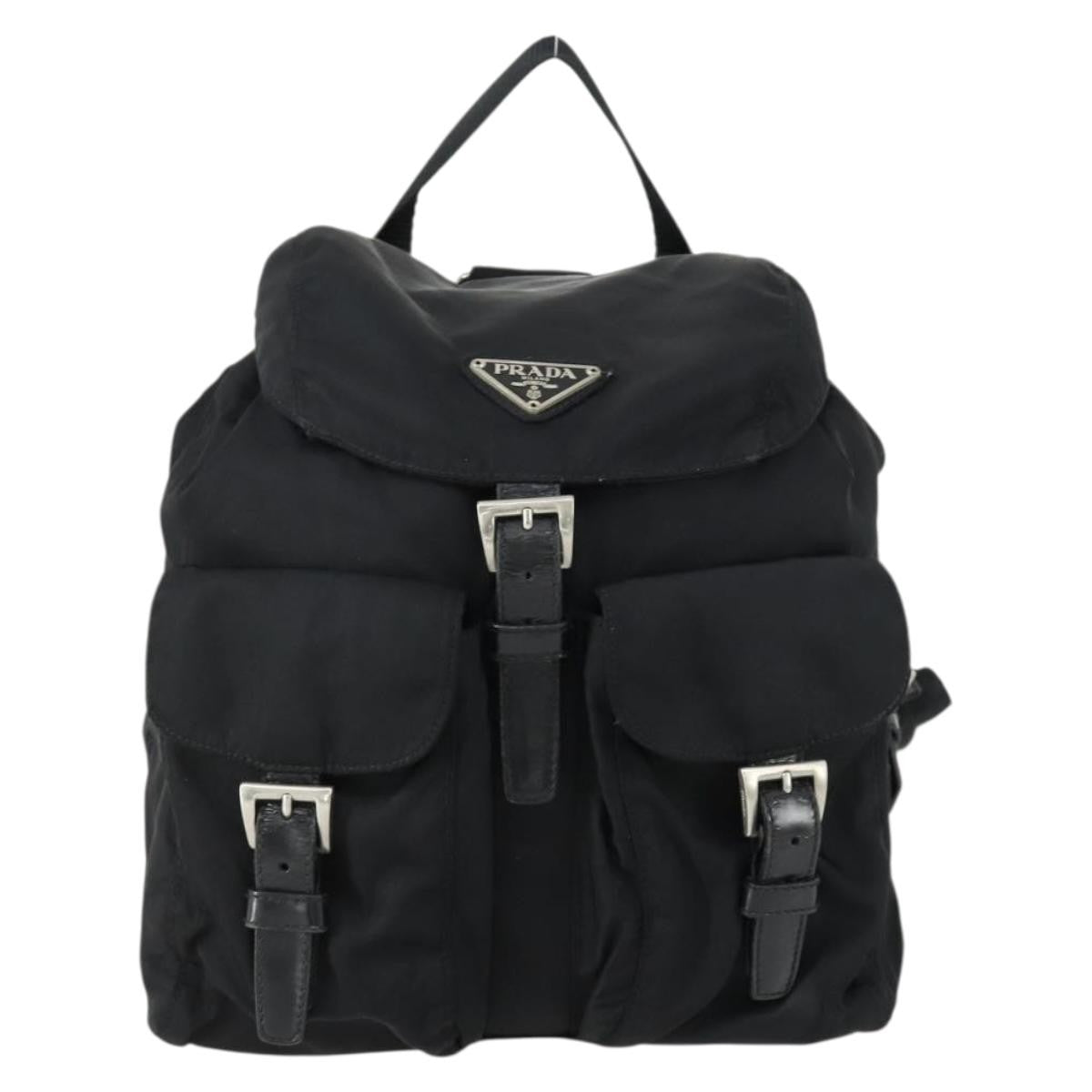 Prada Vela Double Front Pocket Backpack Tessuto With Saffiano Leather Black Nylon Backpack Bag