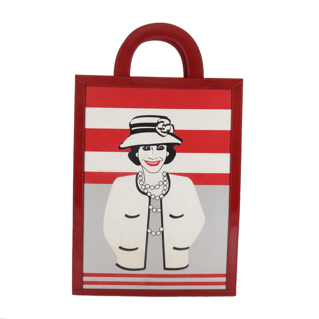 Chanel Vintage Portrait Tote Printed Leather And Quilted Patent Red Leather Tote Bag Bag