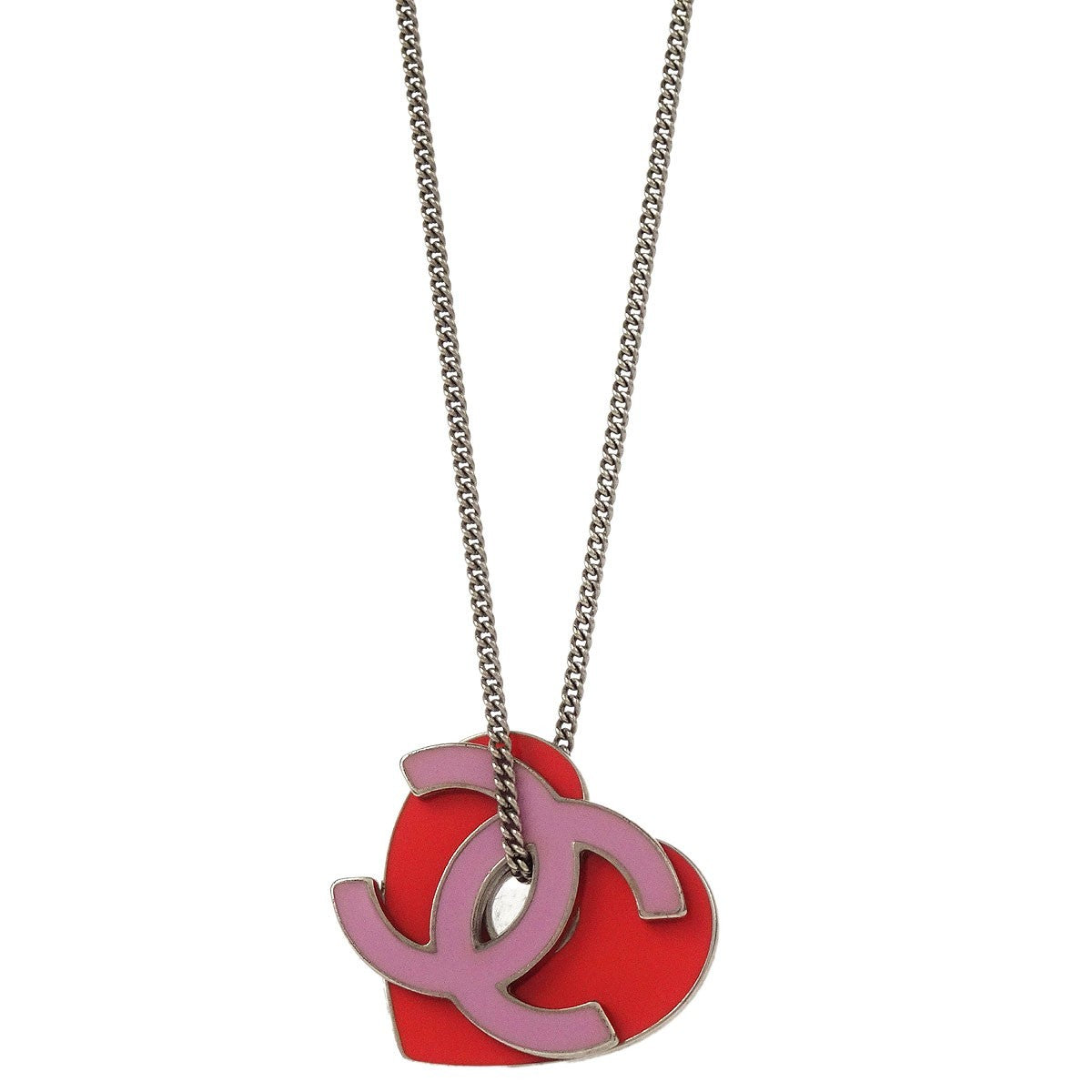 Chanel Cc Heart Pendant Metal Red Silver_Plated Necklace Jewelry