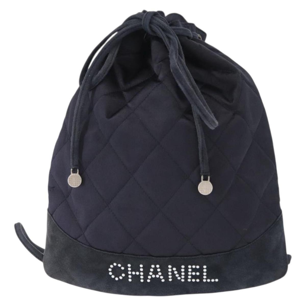 Chanel Vintage Drawstring Backpack Quilted Satin With Suede Navy Satin Backpack Bag