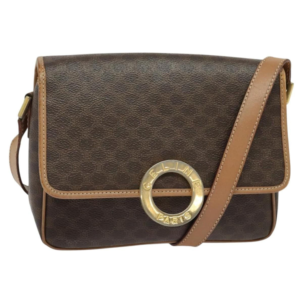 Celine Vintage Macadam Circle Logo Shoulder Bag Canvas And Leather Brown Canvas Shoulder Bag Bag