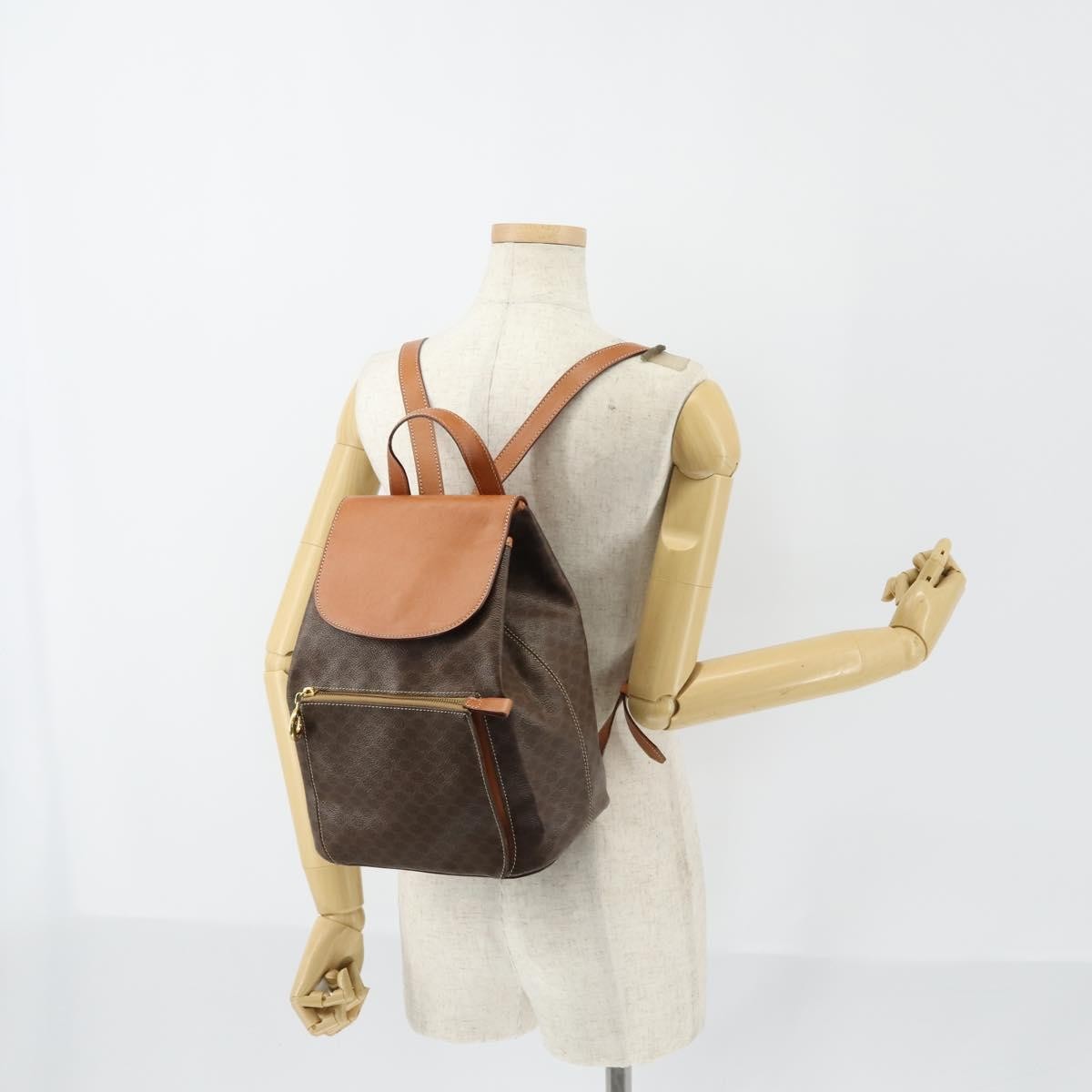 Celine Vintage Macadam Backpack Canvas And Leather Brown Canvas Backpack Bag
