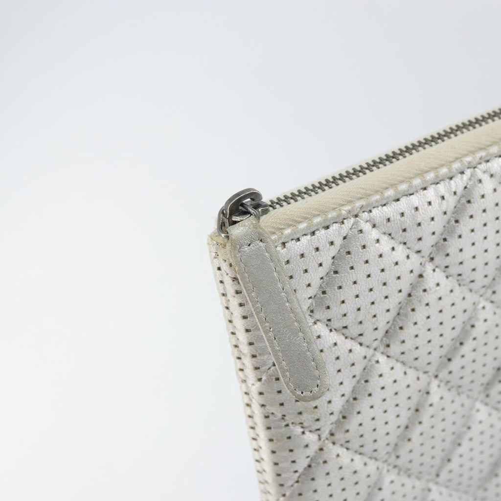 Chanel O Case Clutch Quilted Perforated Lambskin Silver Leather Clutche & Pouche Bag