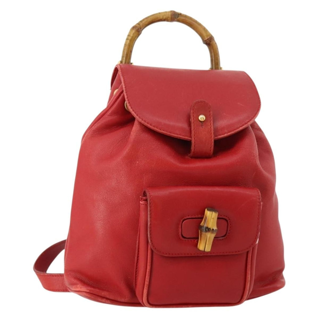 Gucci Vintage Bamboo Backpack Leather Red Leather Backpack Bag (Pre-Owned)