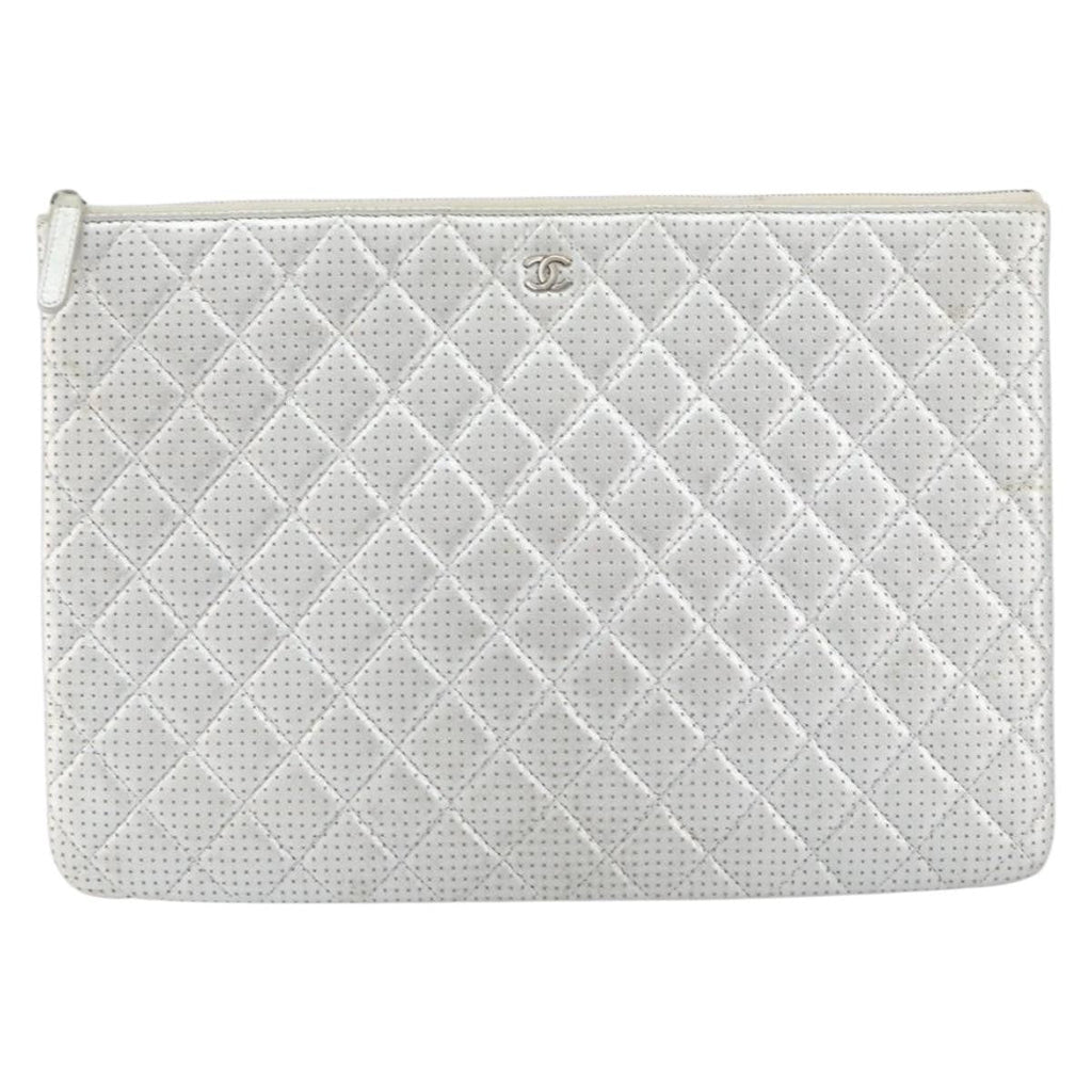 Chanel O Case Clutch Quilted Perforated Lambskin Silver Leather Clutche & Pouche Bag