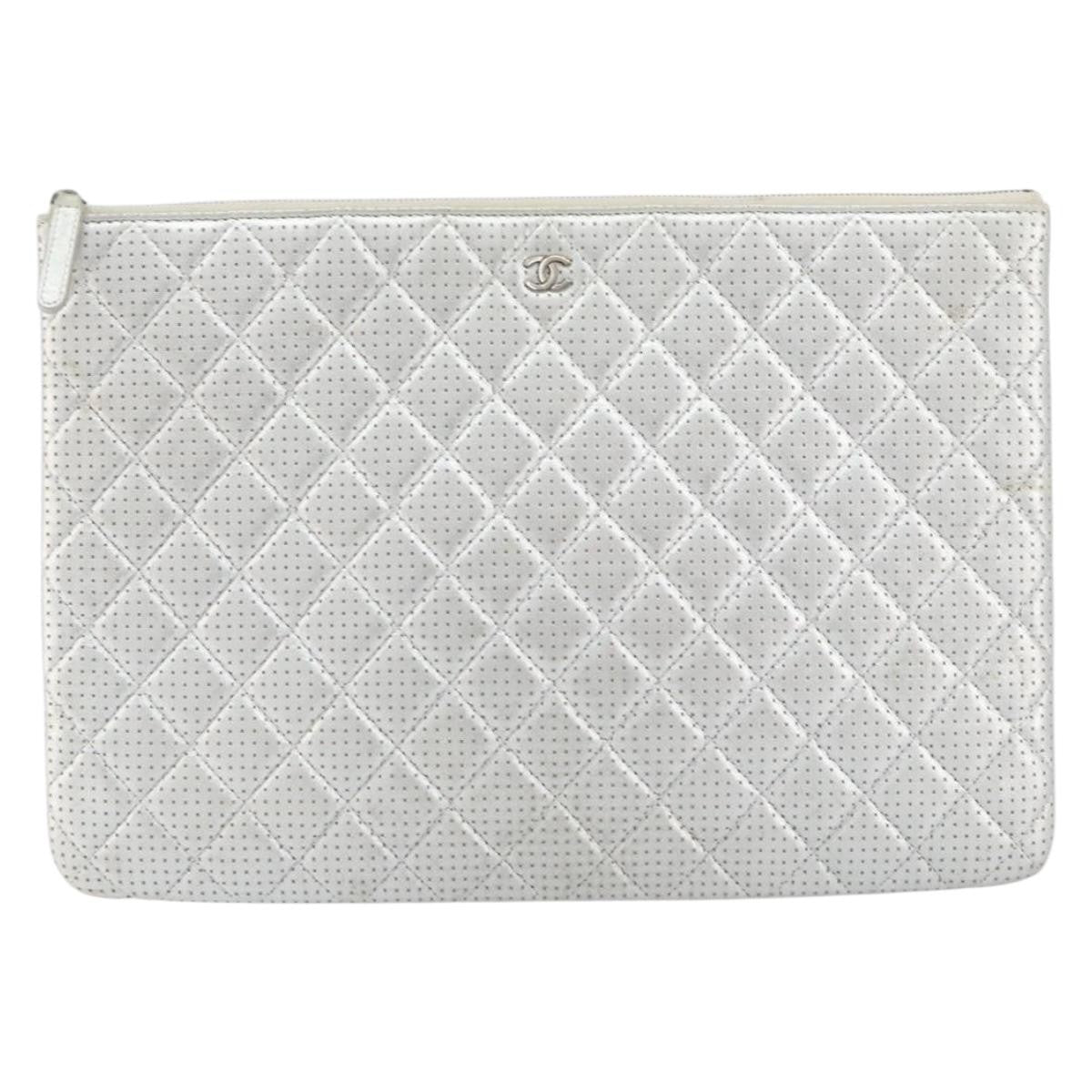 Chanel O Case Clutch Quilted Perforated Lambskin Silver Leather Clutche & Pouche Bag