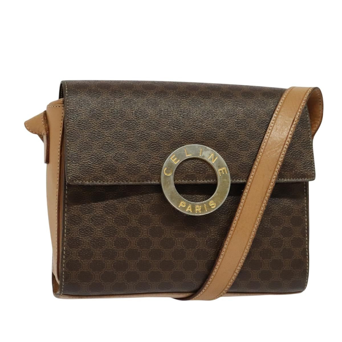 Celine Vintage Macadam Circle Logo Shoulder Bag Canvas And Leather Brown Canvas Shoulder Bag Bag