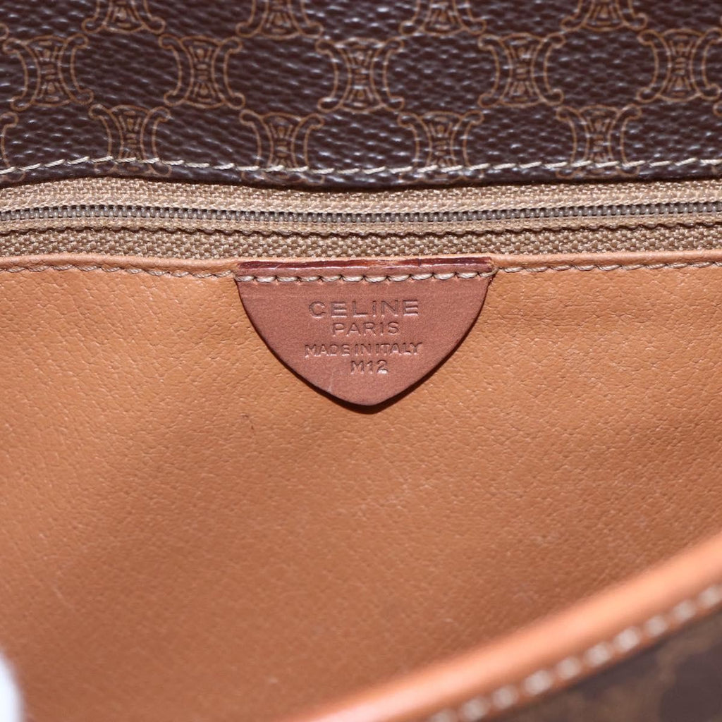 Celine Vintage Macadam Circle Logo Shoulder Bag Canvas And Leather Brown Canvas Shoulder Bag Bag
