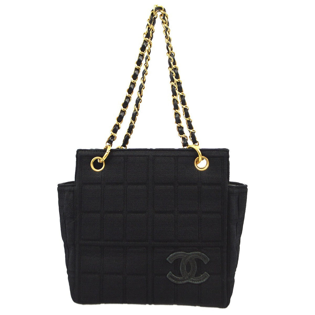 Chanel Chocolate Bar Chain Tote Quilted Jersey Black Cotton Handbag