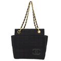Chanel Chocolate Bar Chain Tote Quilted Jersey Black Cotton Handbag