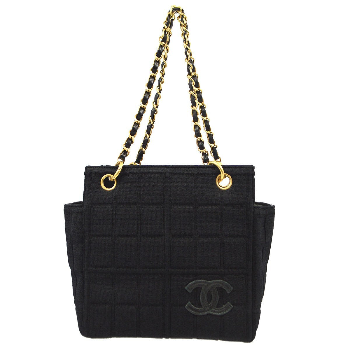 Chanel Chocolate Bar Chain Tote Quilted Jersey Black Cotton Handbag