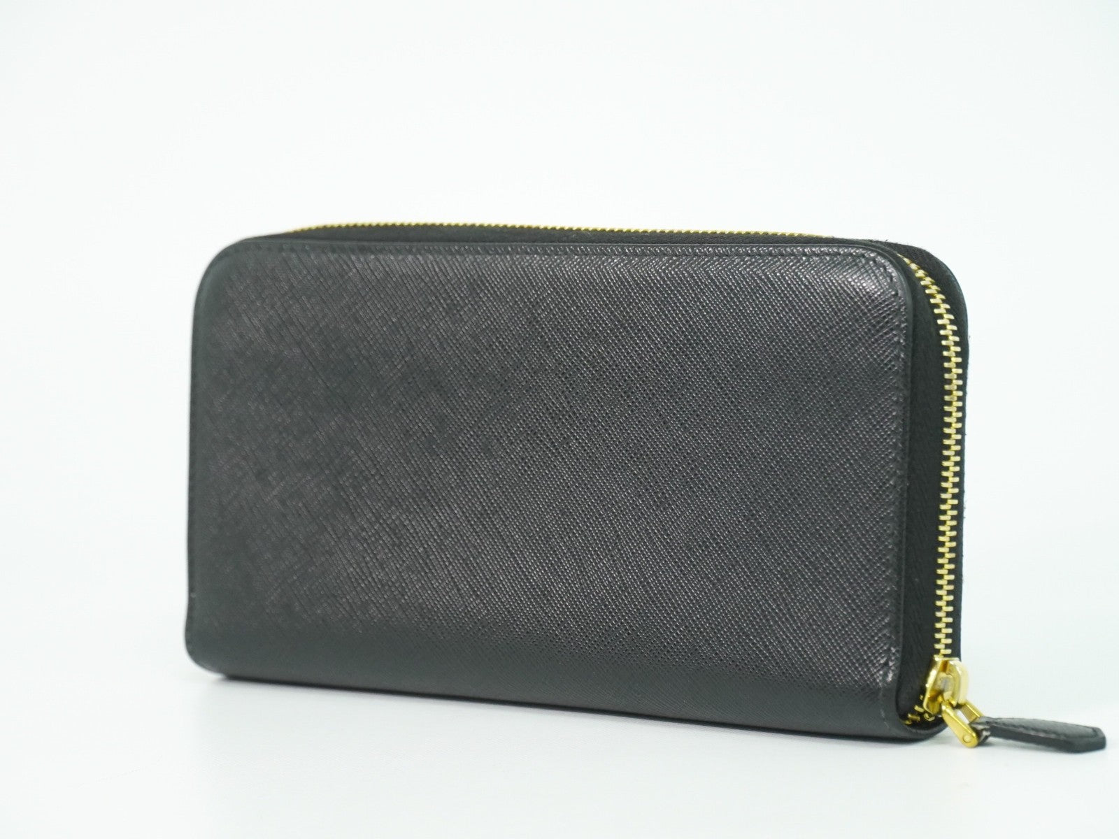 Prada Zip Around Tab Wallet Saffiano Leather Black Leather Wallets Accessory