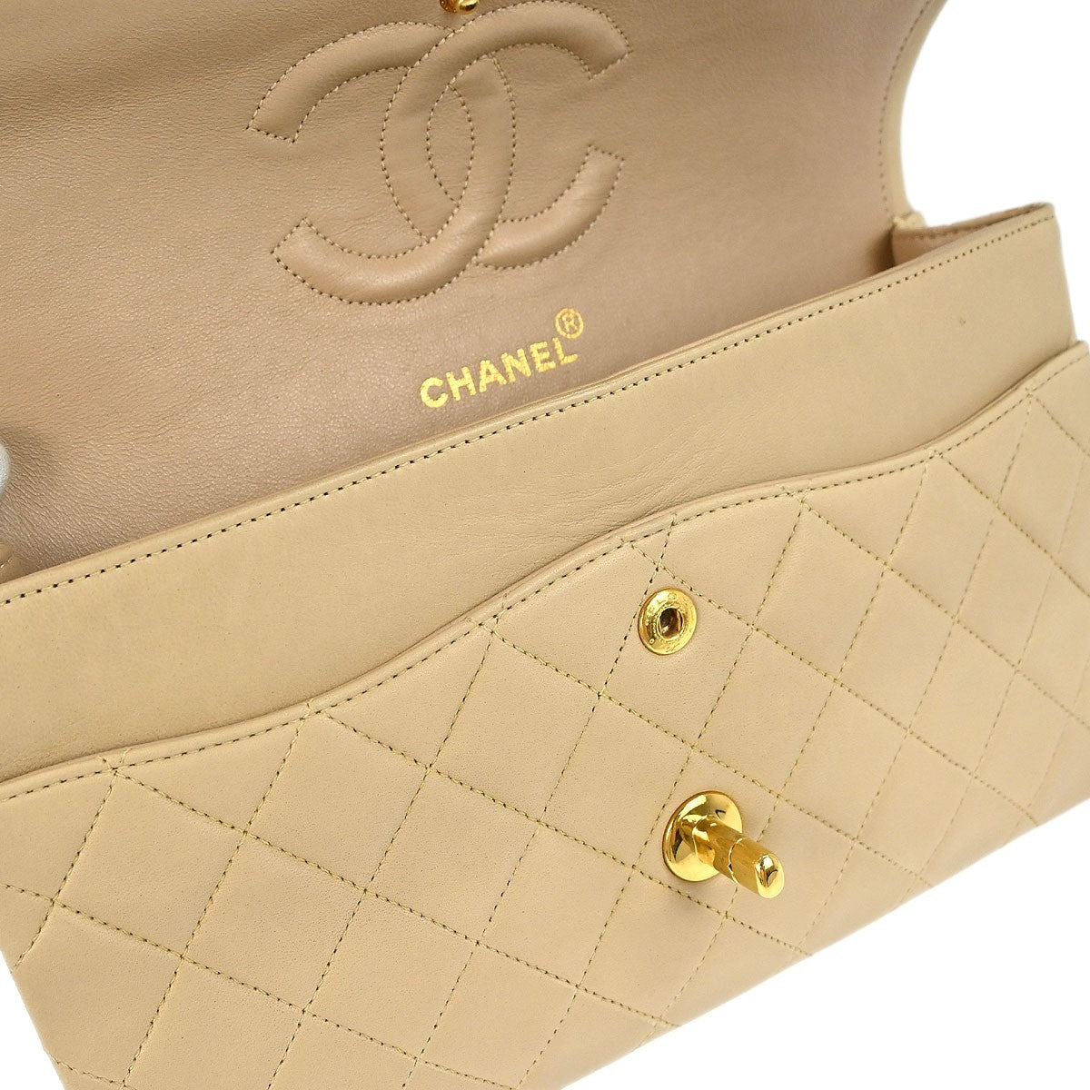 Chanel Vintage Classic Double Flap Bag Quilted Lambskin Beige Leather Shoulder Bag Bag