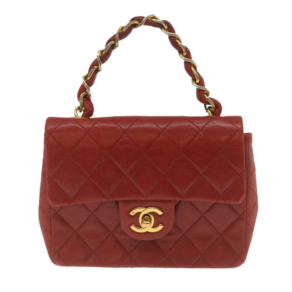 Chanel Vintage Square Chain Handle Flap Bag Quilted Lambskin Red Leather Handbag