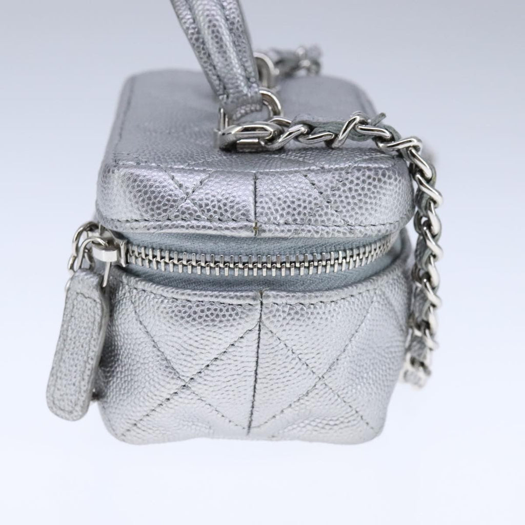 Chanel Classic Vanity Case With Chain Quilted Caviar Silver Leather Shoulder Bag Bag