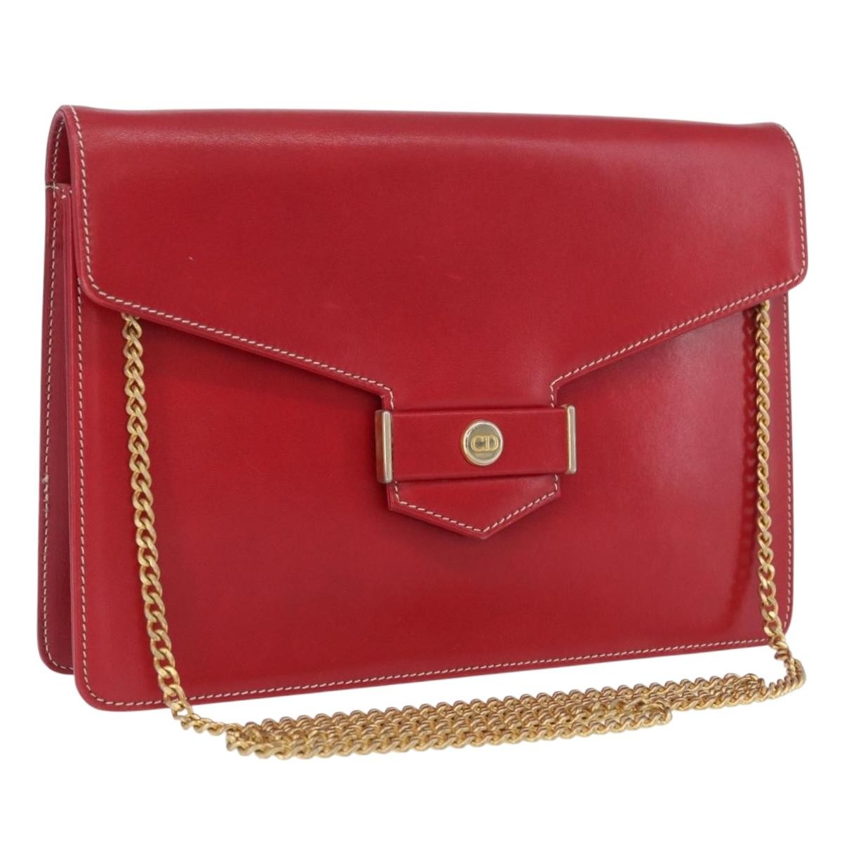Christian Dior Vintage Cd Chain Flap Shoulder Bag Leather Red Leather Shoulder Bag Bag (Pre-Owned)