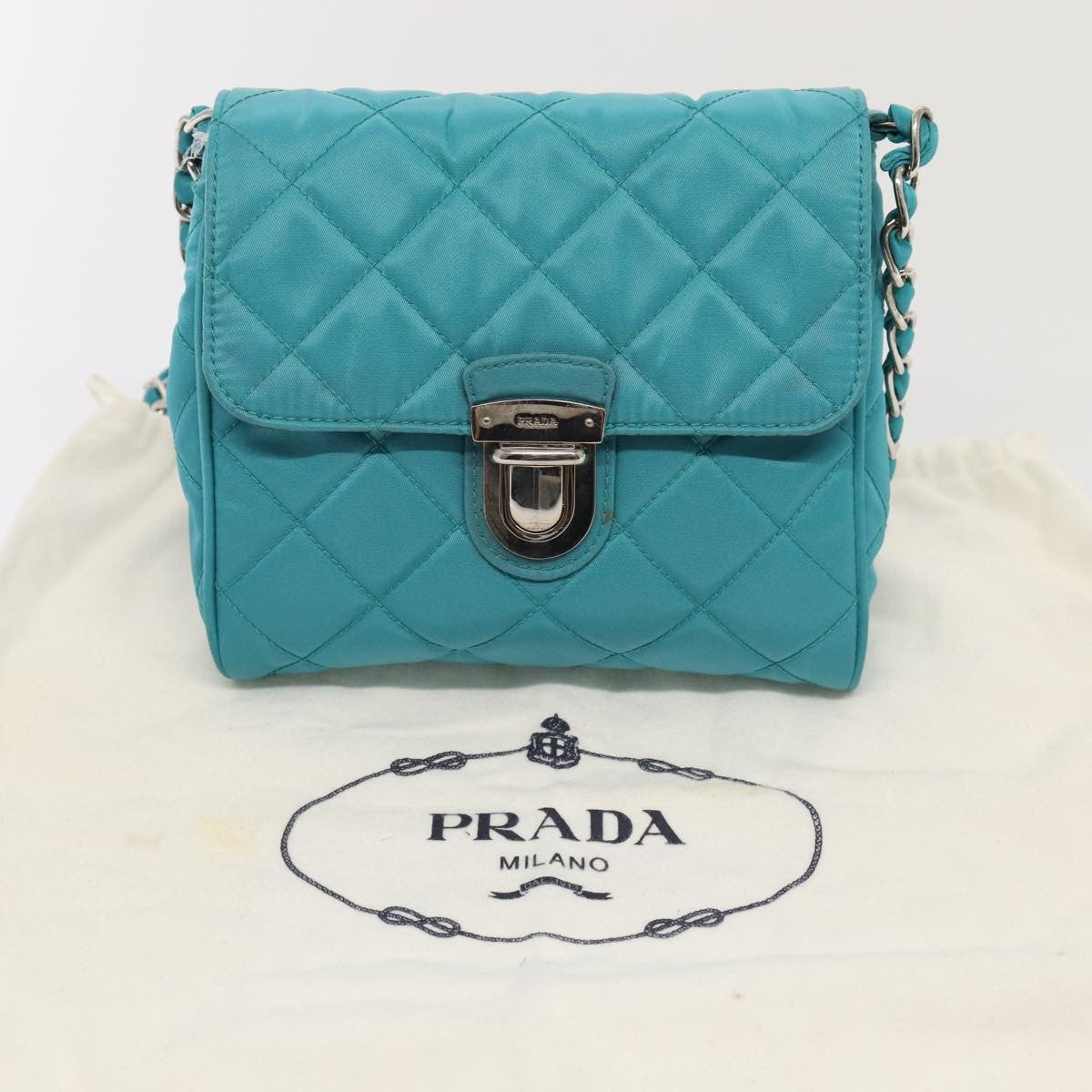 Prada Pushlock Chain Flap Bag Quilted Tessuto Turquoise Nylon Shoulder Bag Bag