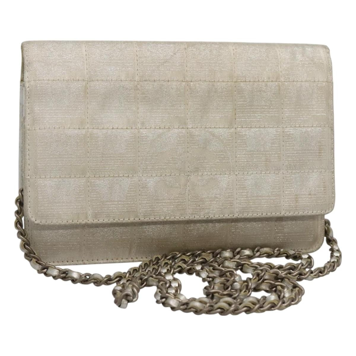 Chanel Travel Line Wallet On Chain Quilted Nylon Silver Nylon Bag