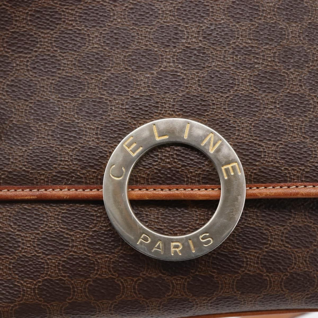 Celine Vintage Macadam Circle Logo Shoulder Bag Canvas And Leather Brown Canvas Shoulder Bag Bag