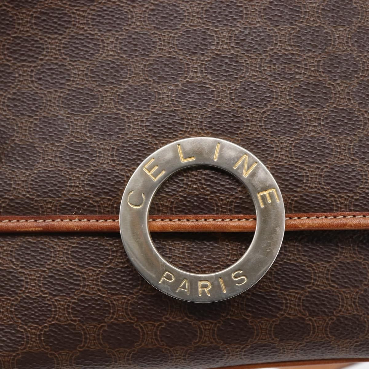 Celine Vintage Macadam Circle Logo Shoulder Bag Canvas And Leather Brown Canvas Shoulder Bag Bag