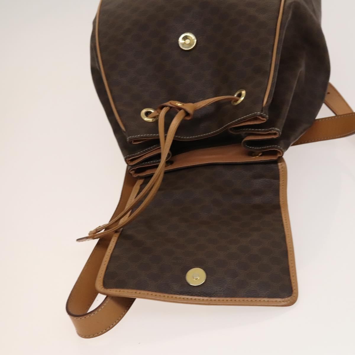 Celine Vintage Drawstring Flap Backpack Macadam Coated Canvas Brown Canvas Backpack Bag