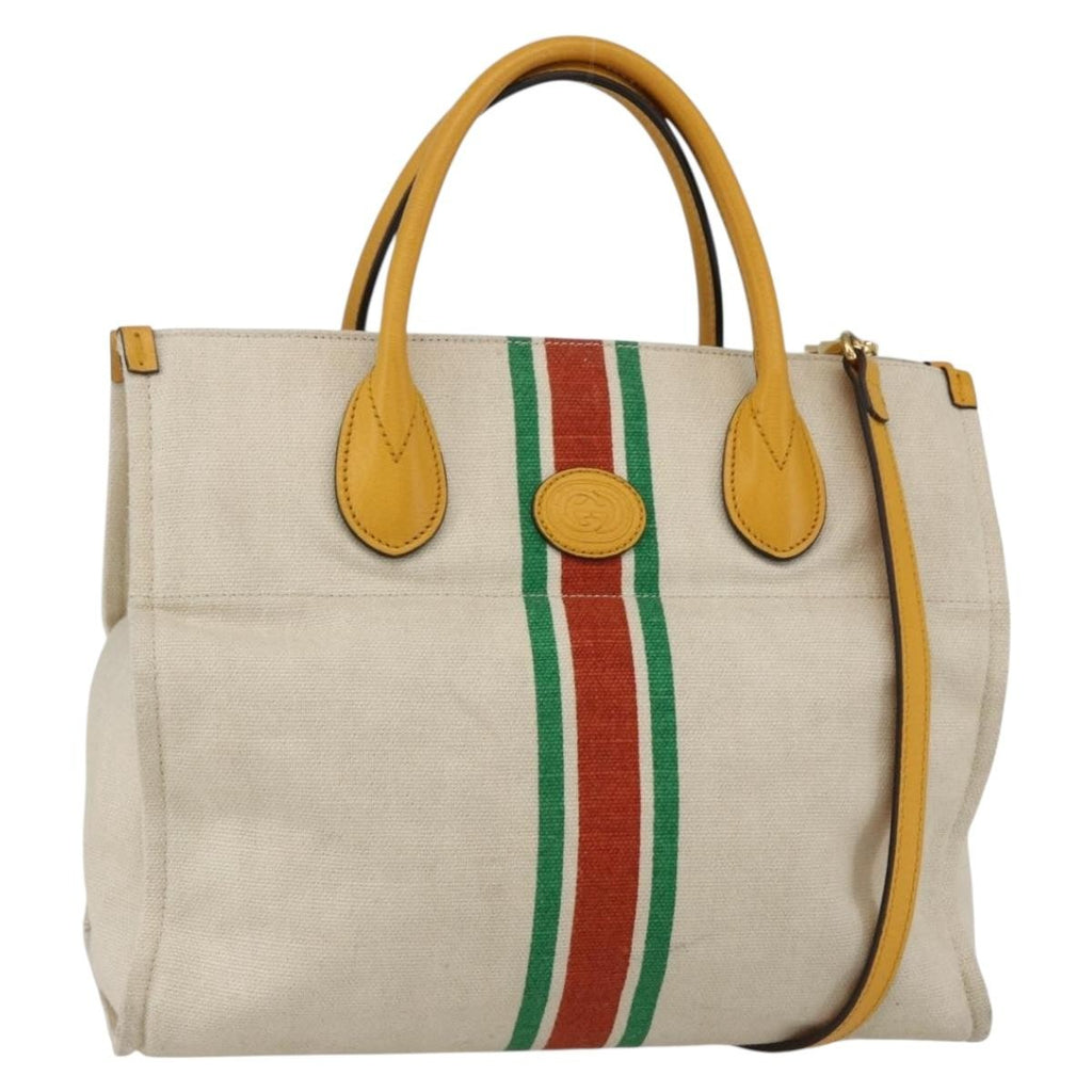Gucci Foldable Web Tote Canvas With Leather Beige Canvas Tote Bag Bag (Pre-Owned)