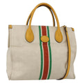 Gucci Foldable Web Tote Canvas With Leather Beige Canvas Tote Bag Bag (Pre-Owned)