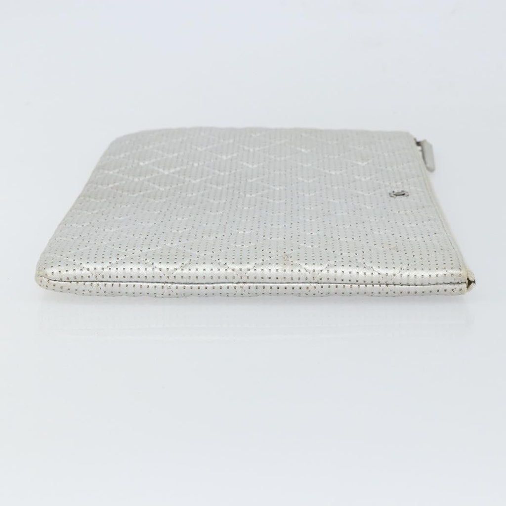 Chanel O Case Clutch Quilted Perforated Lambskin Silver Leather Clutche & Pouche Bag