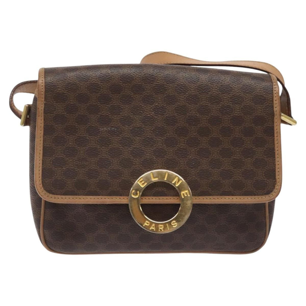 Celine Vintage Macadam Circle Logo Shoulder Bag Canvas And Leather Brown Canvas Shoulder Bag Bag