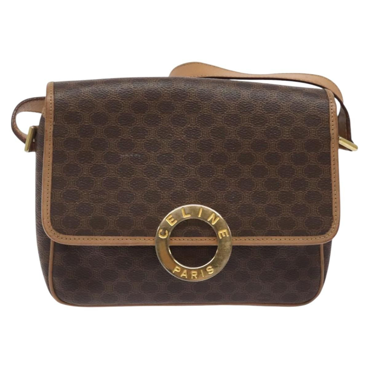 Celine Vintage Macadam Circle Logo Shoulder Bag Canvas And Leather Brown Canvas Shoulder Bag Bag