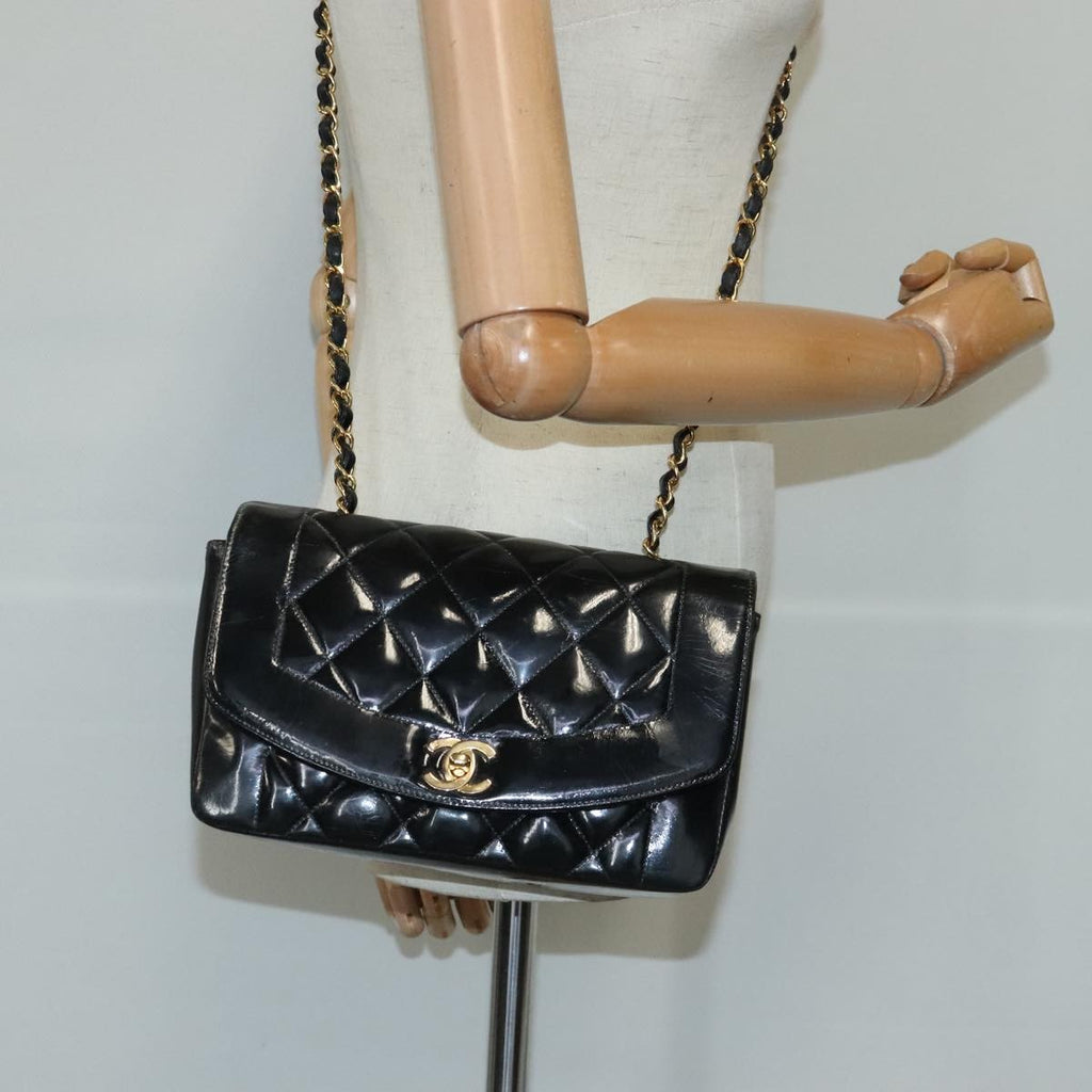 Chanel Vintage So Black Diana Flap Bag Quilted Patent Black Patent_Leather Shoulder Bag Bag