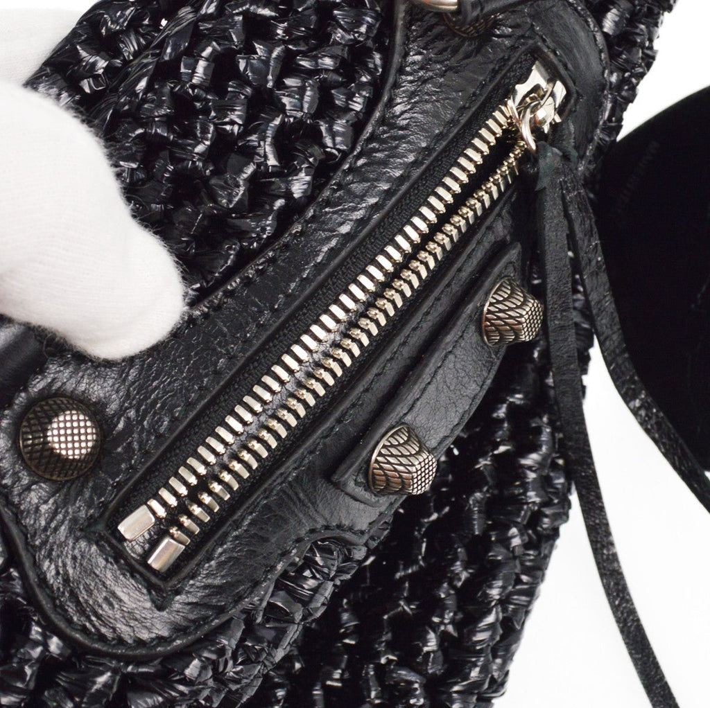 Balenciaga Le Cagole Panier Raffia With Leather Black Leather Tote Bag