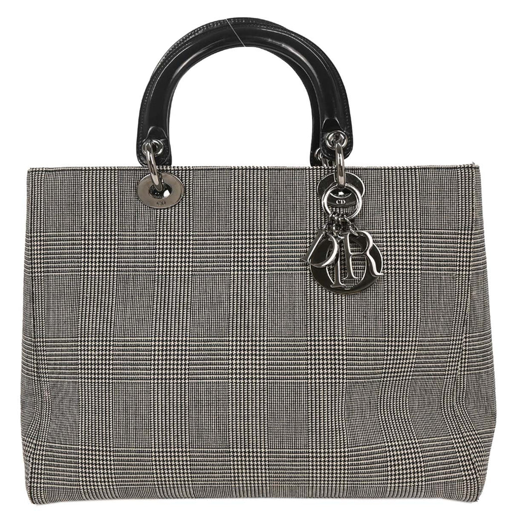 Christian Dior Vintage Lady Dior Bag Houndstooth Canvas Black Canvas Handbag (Pre-Owned)