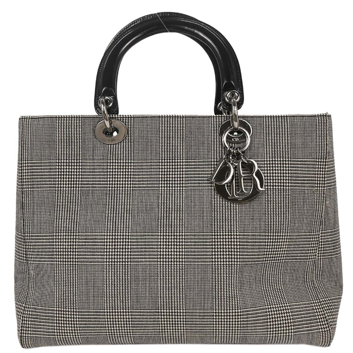 Christian Dior Vintage Lady Dior Bag Houndstooth Canvas Black Canvas Handbag (Pre-Owned)