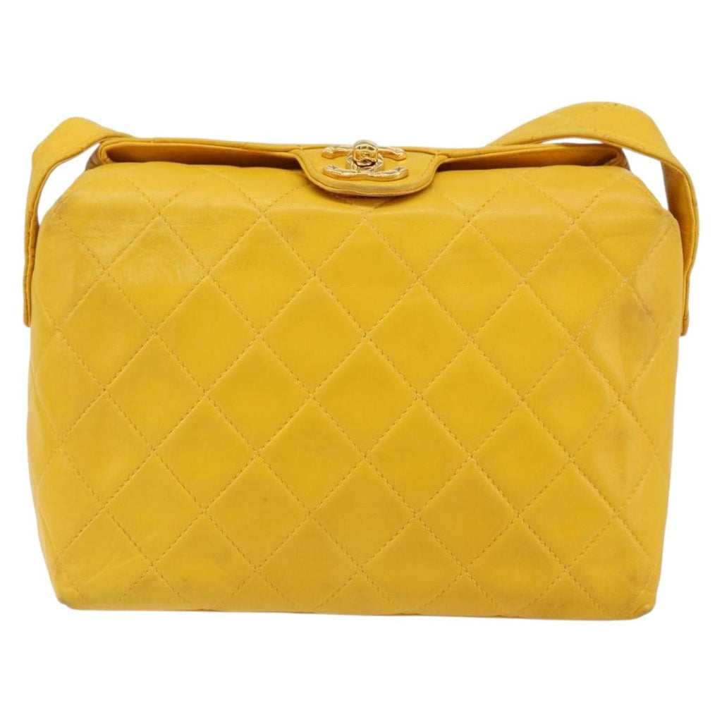 Chanel Vintage Cc Fold Over Shoulder Bag Quilted Lambskin Yellow Leather Shoulder Bag Bag