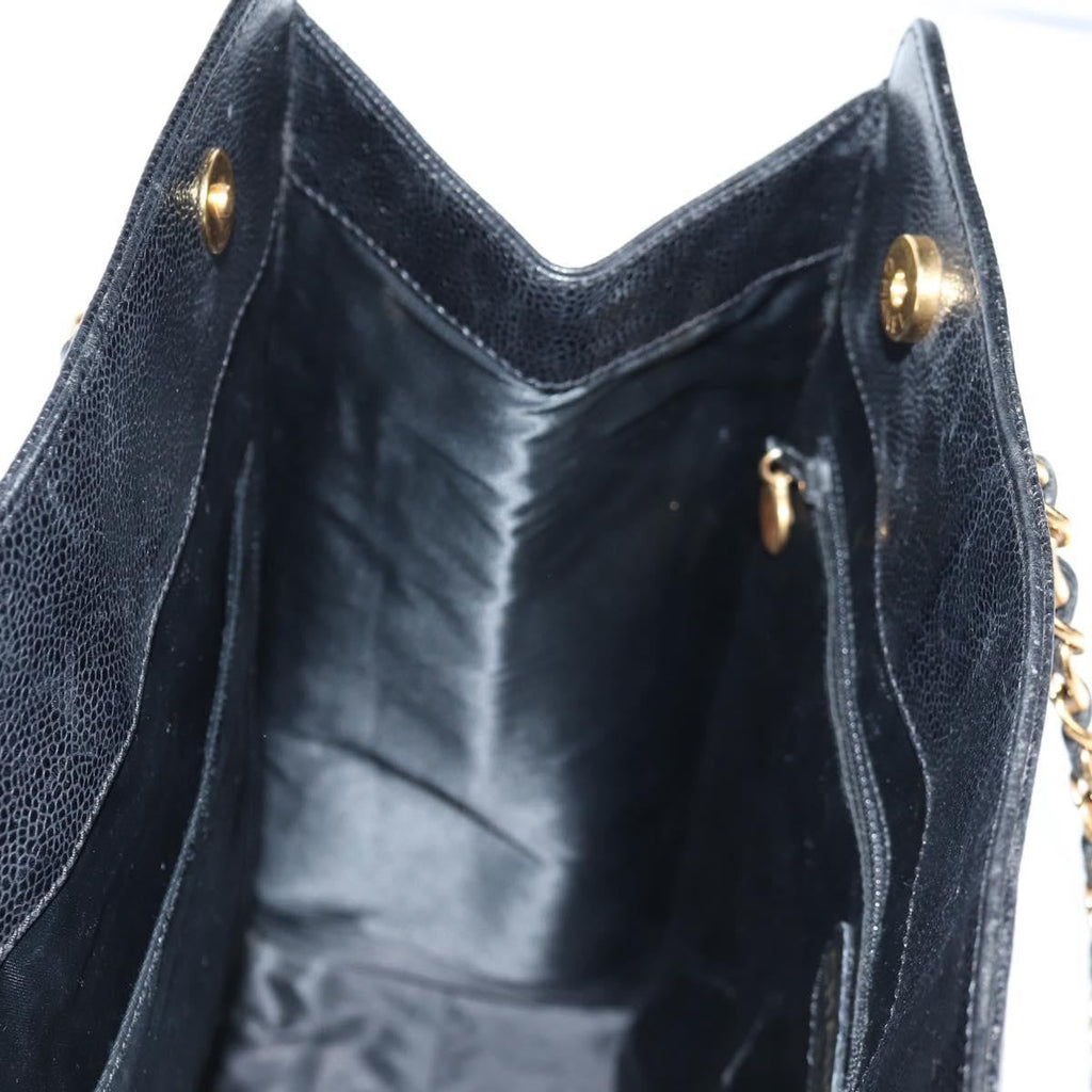 Chanel Vintage Cc Lock Pocket Chain Tote Caviar Black Leather Tote Bag Bag
