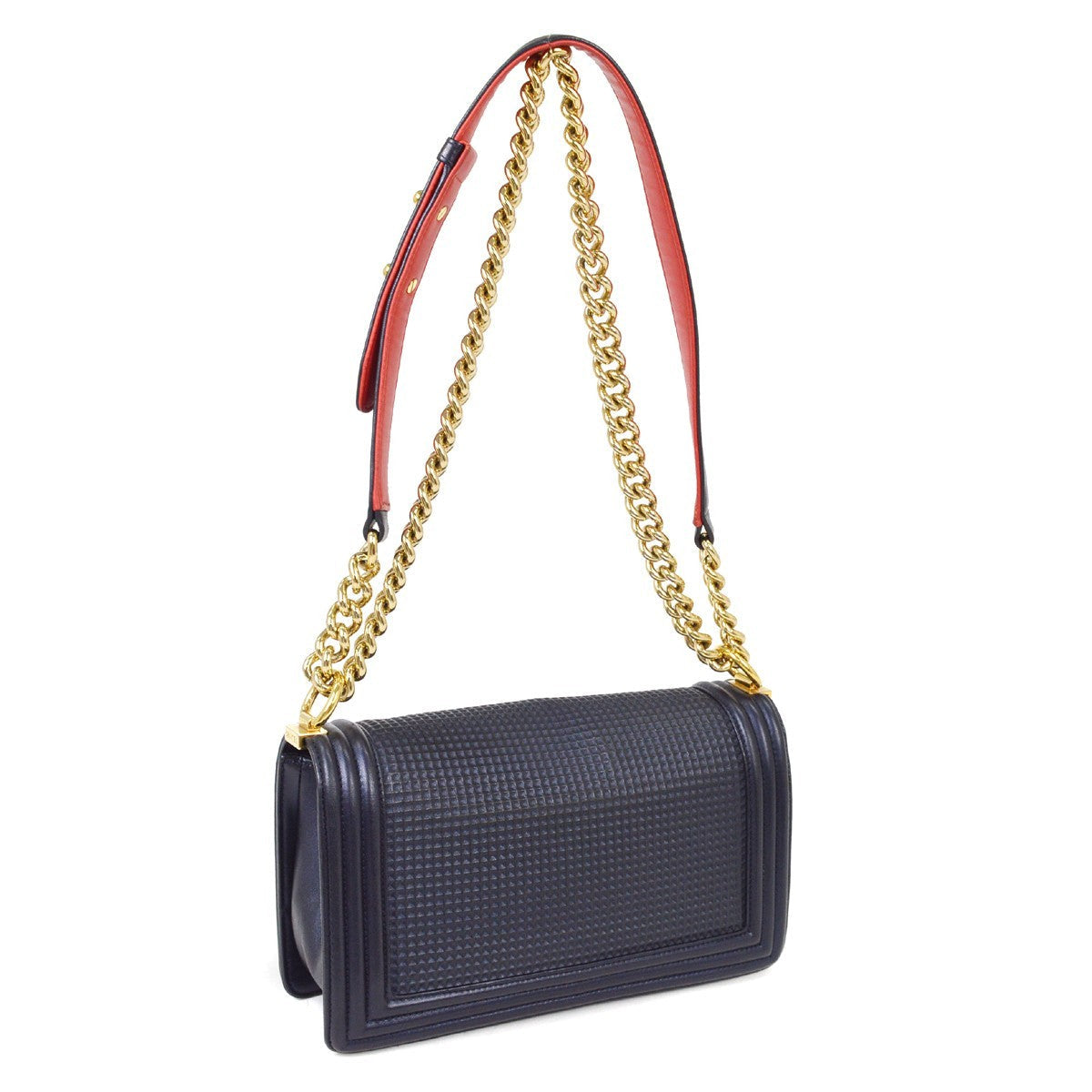 Chanel Boy Flap Bag Cube Embossed Lambskin Navy Leather Shoulder Bag Bag