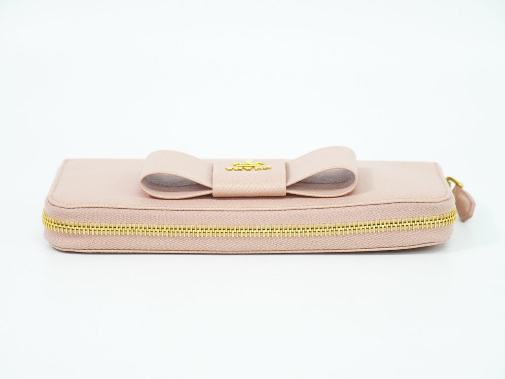 Prada Bow Zip Around Wallet Saffiano Leather Pink Leather Wallets Accessory