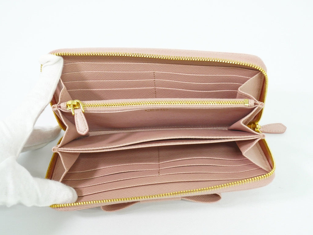 Prada Bow Zip Around Wallet Saffiano Leather Pink Leather Wallets Accessory